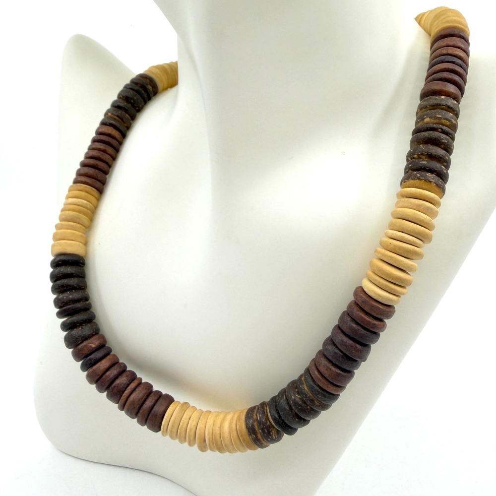 Boho Wood Disk Bead Necklace Natural Earth Tone Chunky Tribal Style Vintage 16in